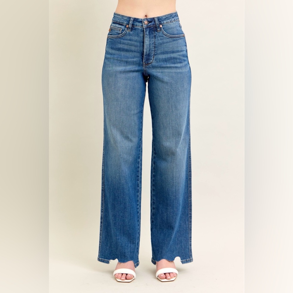 Judy Blue High Waist Tummy Control Chew Hem Destroy Wide Jeans